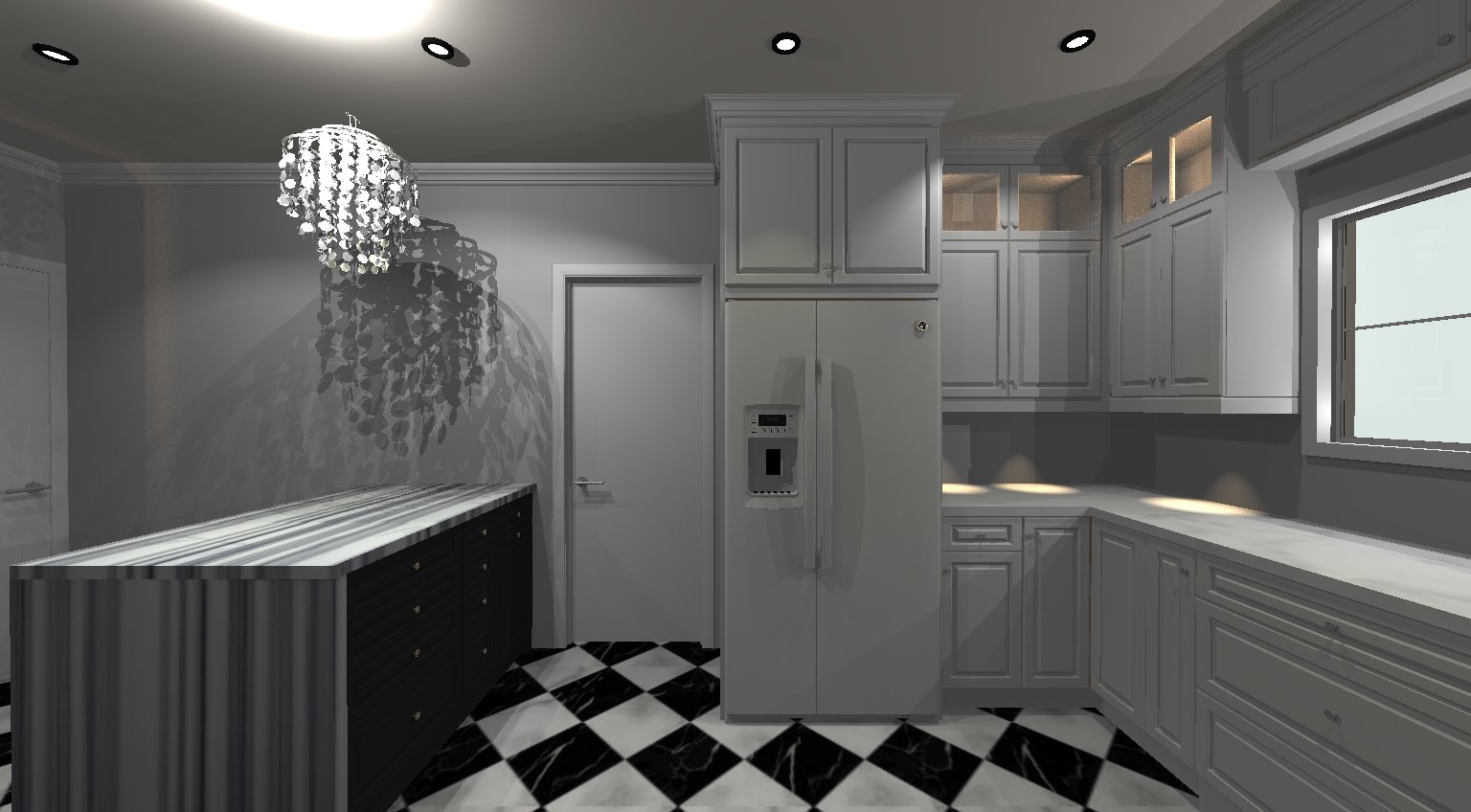 White kitchen mockup with checkboard flooring